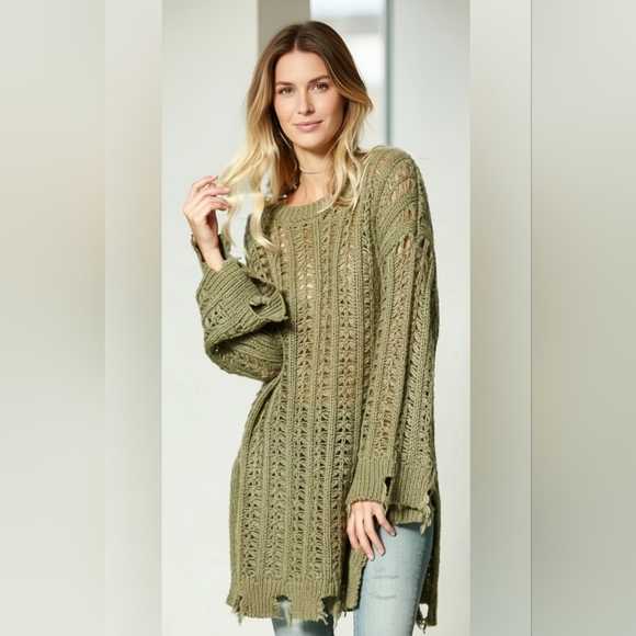 Kye Mi Sweaters - Kye Mi Women's Olive Green Distressed Knit Tunic Sweater Size Large